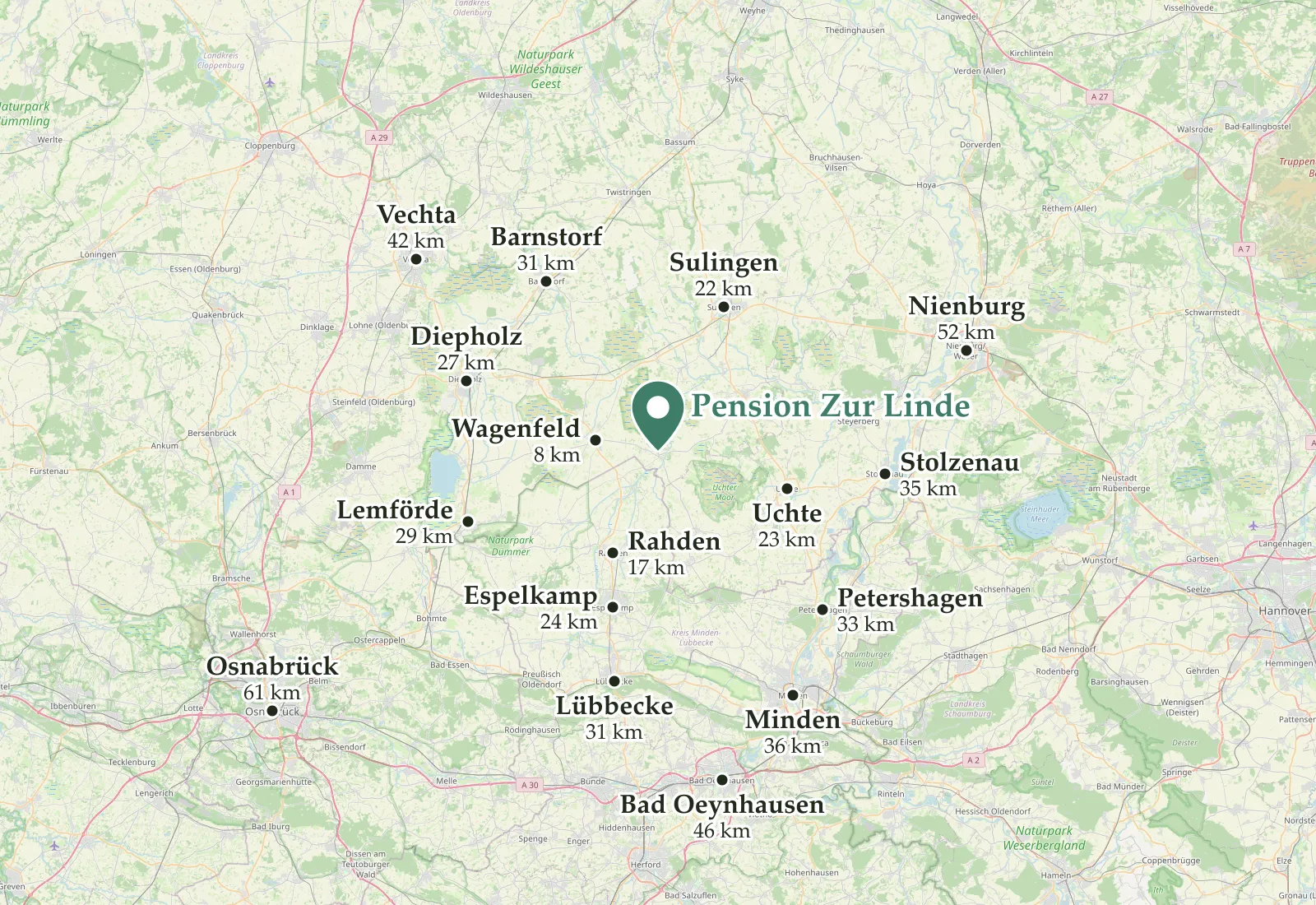 Karte der Umgebung: Die Pension Zur Linde liegt in Ströhen zwischen Diepholz, Sulingen, Uchte und Rahden.